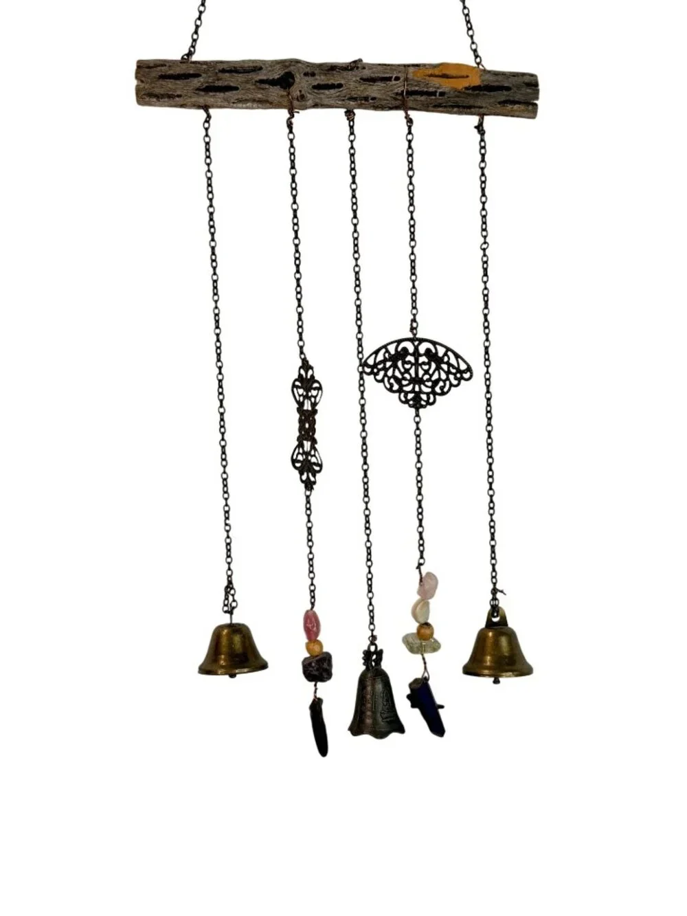 Rustic Cholla Wood Wind Chime – Boho Brass Bell Mobile, Desert Driftwood Hanging